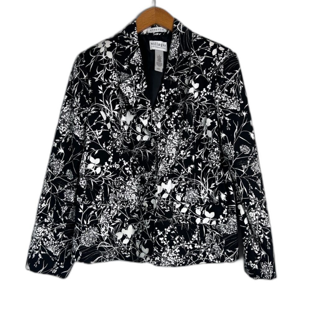 Villager by Liz Claiborne Black‎ Floral Maximal Cotton Blazer Jacket Size 12